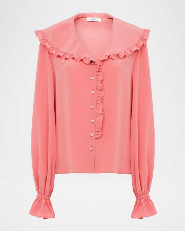 Bertha-Collar Ruffle Button-Down Silk Blouse